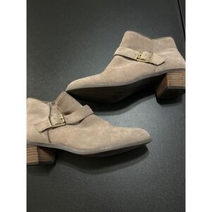 Suede Ankle‎ Boots with Buckle Detail & Block Heel in Taupe Neutral Color